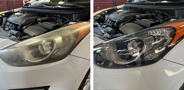 Sedan Headlight Restoration before and after comparison showing professional headlight restoration results in Greensboro